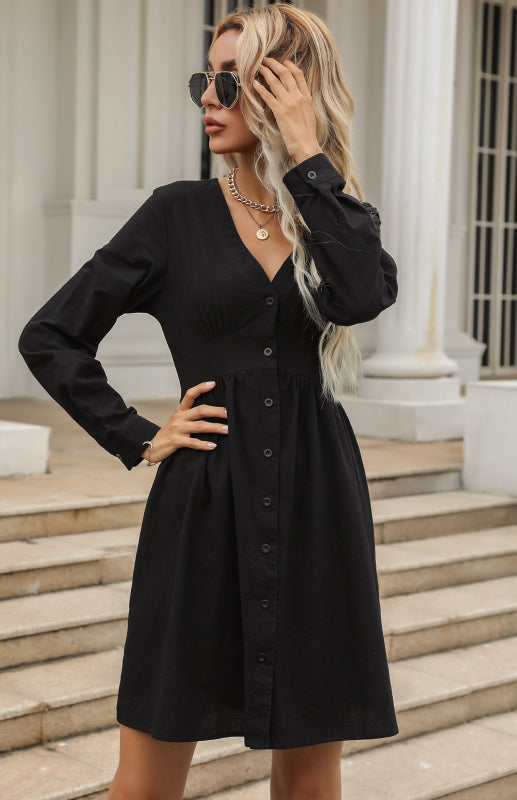 Blue Zone Planet | Women's Slim Shirt Dress Black V-Neck Cotton Linen Dress kakaclo