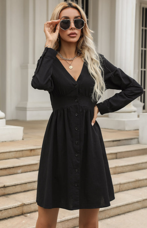 Blue Zone Planet |  Women's Slim Shirt Dress Black V-Neck Cotton Linen Dress kakaclo