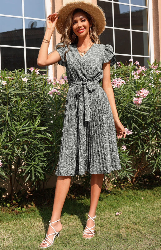 Willow's Pleated V-Neck Printed Knee Length Dress Blue Zone Planet