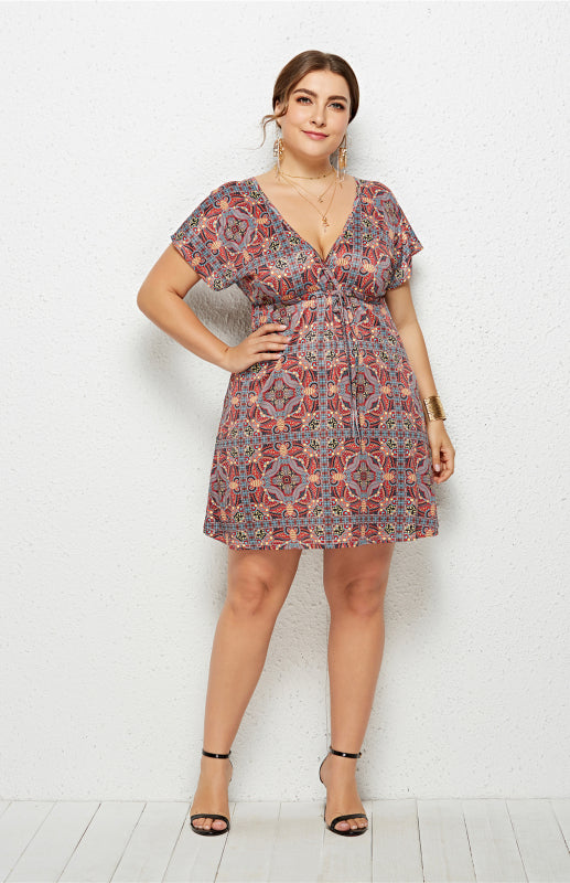 Quinn's Deep V Print Plus Size Mini Dress Blue Zone Planet