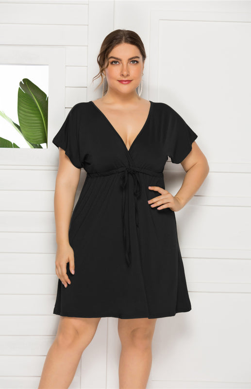 Isabella's Deep V Solid Plus Size Mini Dress Blue Zone Planet