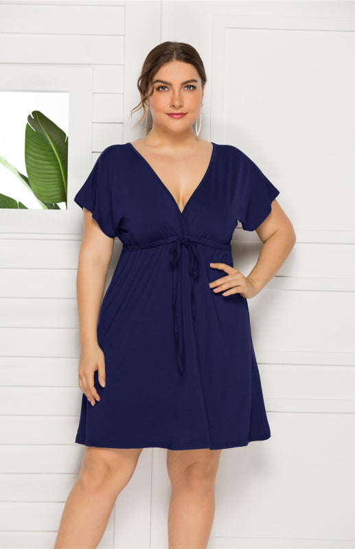 Isabella's Deep V Solid Plus Size Mini Dress Blue Zone Planet