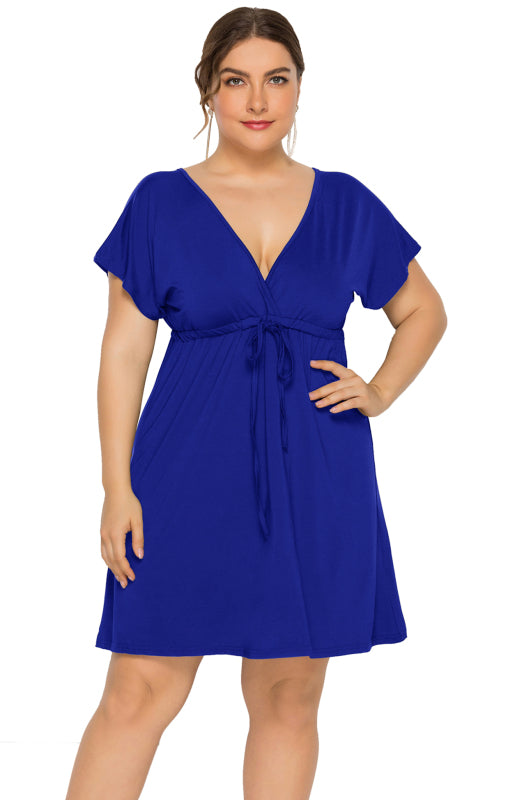 Isabella's Deep V Solid Plus Size Mini Dress Blue Zone Planet