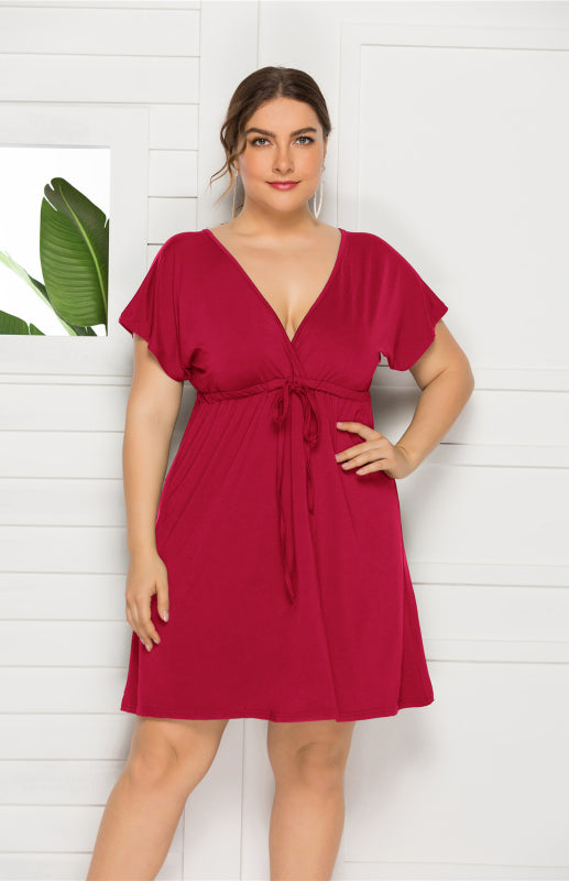 Isabella's Deep V Solid Plus Size Mini Dress Blue Zone Planet
