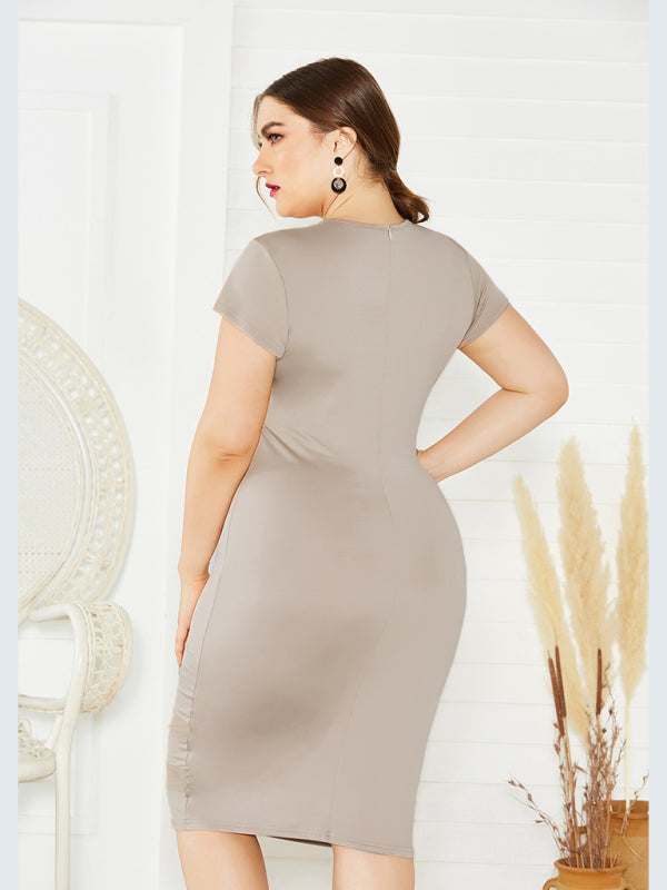 Blue Zone Planet | Plus Size Solid Color Round Neck Short Sleeve Dress BLUE ZONE PLANET