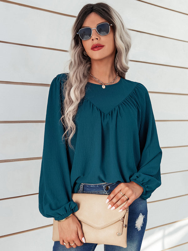 loose round neck solid color pullover shirt BLUE ZONE PLANET