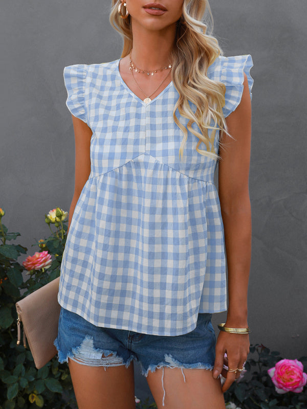 V-neck sleeveless Plaid top kakaclo