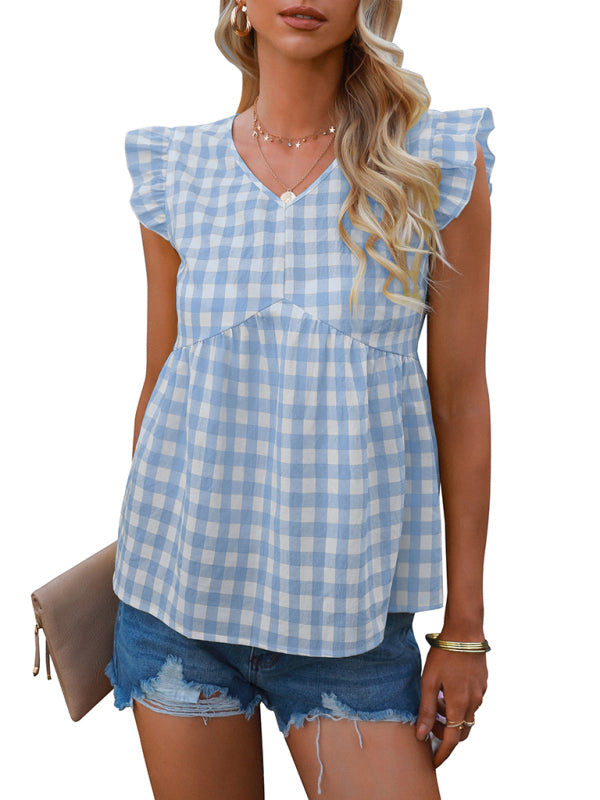V-neck sleeveless Plaid top kakaclo