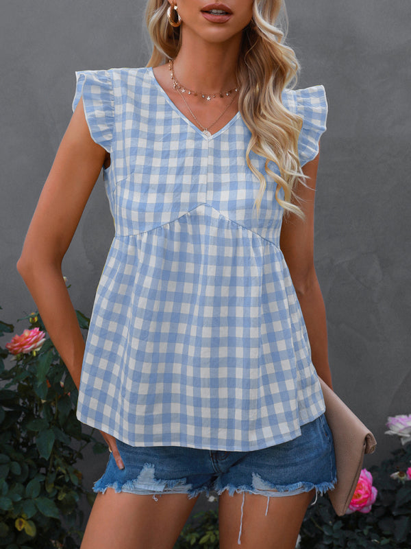 V-neck sleeveless Plaid top kakaclo