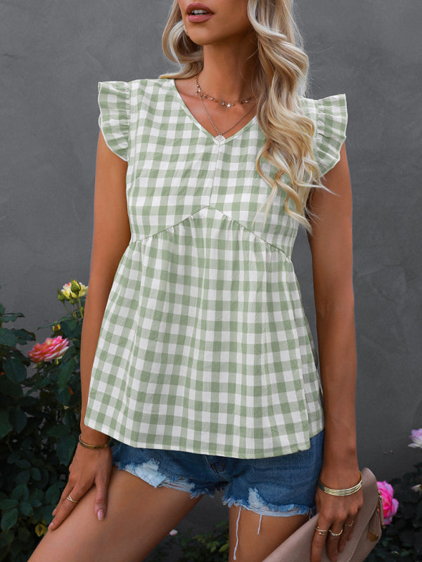 V-neck sleeveless Plaid top kakaclo