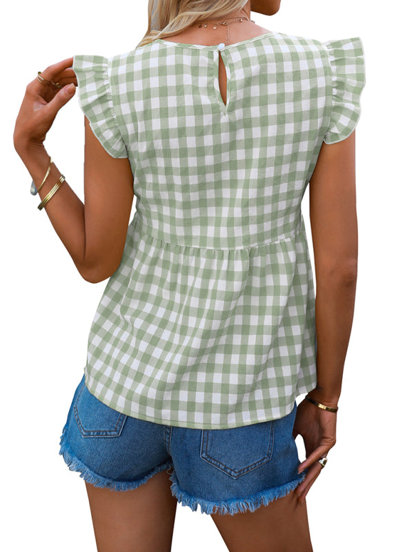 V-neck sleeveless Plaid top kakaclo