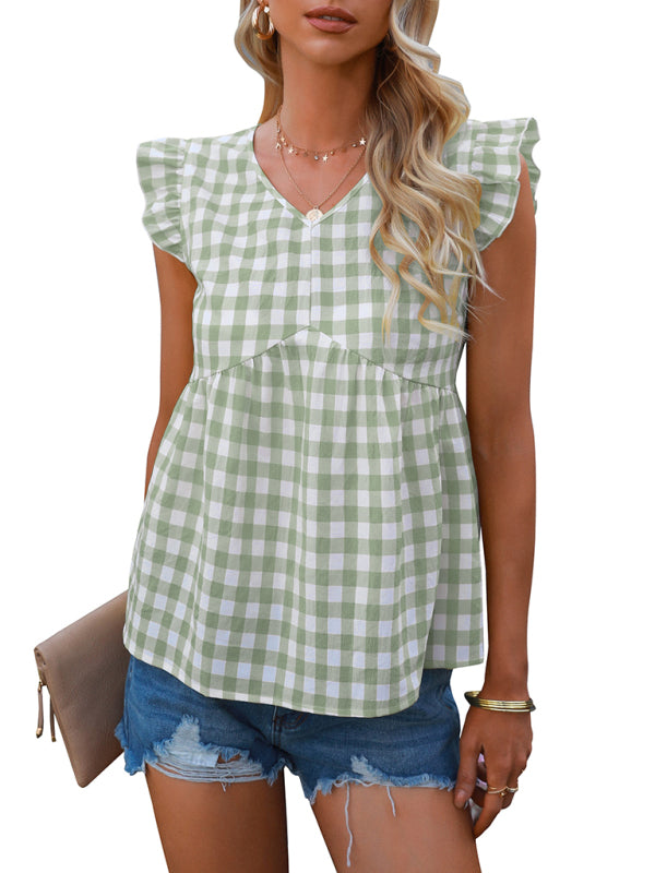 V-neck sleeveless Plaid top kakaclo