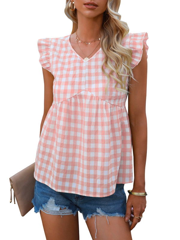 V-neck sleeveless Plaid top kakaclo