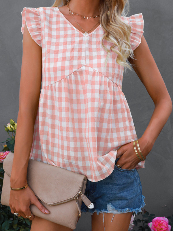 V-neck sleeveless Plaid top kakaclo
