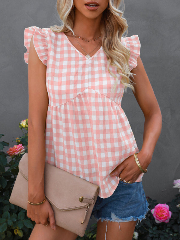 V-neck sleeveless Plaid top kakaclo