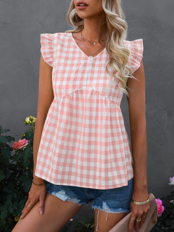 V-neck sleeveless Plaid top kakaclo
