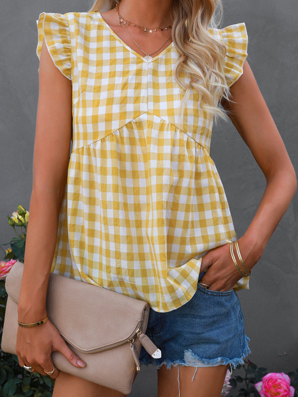 V-neck sleeveless Plaid top kakaclo