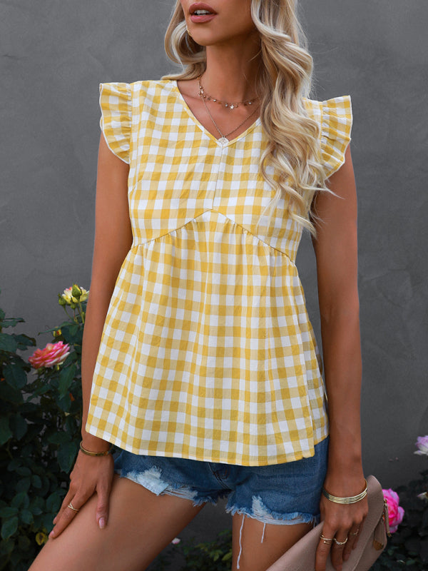 V-neck sleeveless Plaid top kakaclo