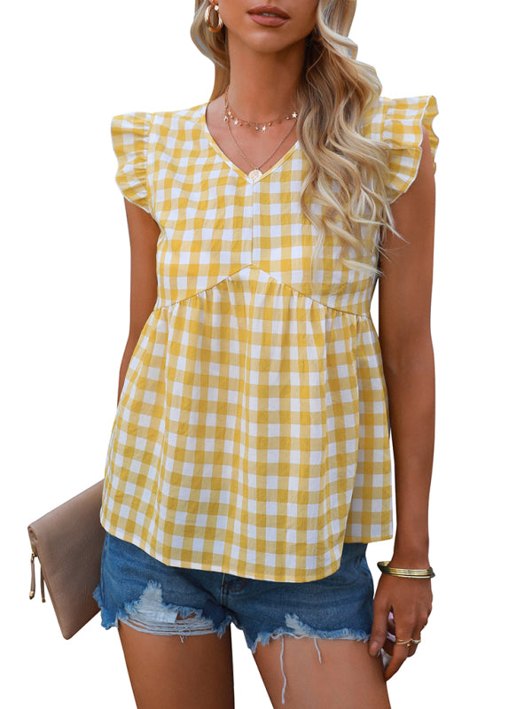 V-neck sleeveless Plaid top kakaclo