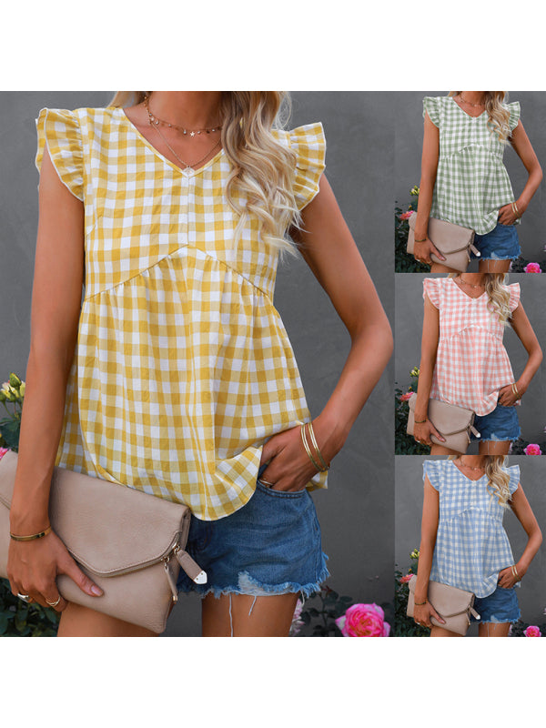 V-neck sleeveless Plaid top kakaclo
