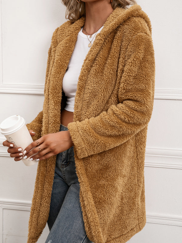 Lamb Fleece Mid Length Cardigan Hooded Trench Coat kakaclo