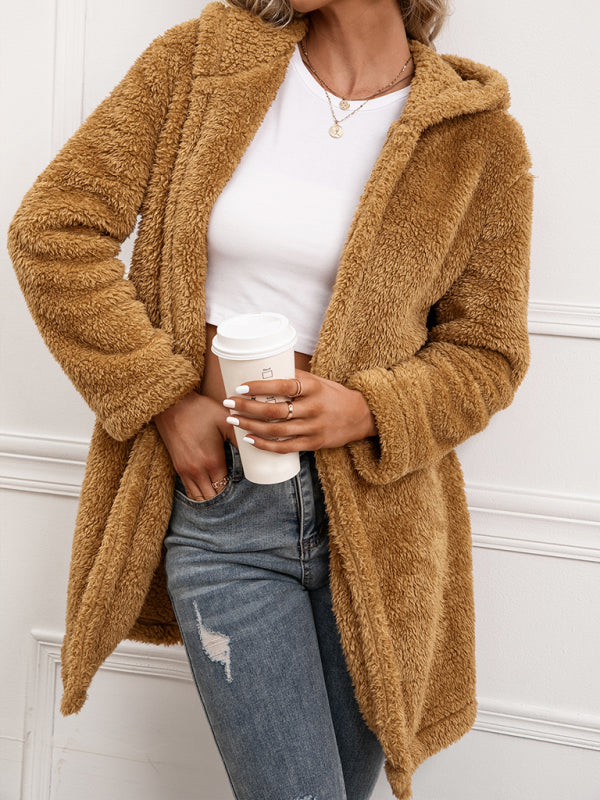 Lamb Fleece Mid Length Cardigan Hooded Trench Coat kakaclo