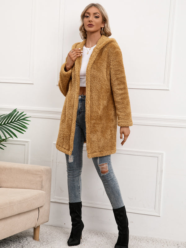 Lamb Fleece Mid Length Cardigan Hooded Trench Coat kakaclo