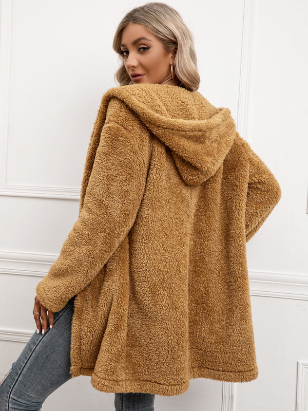 Lamb Fleece Mid Length Cardigan Hooded Trench Coat kakaclo