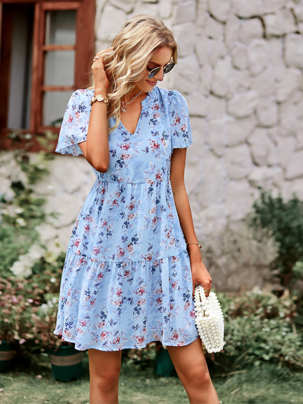 Women's rural fashion V-neck printed skirt dress BLUE ZONE PLANET