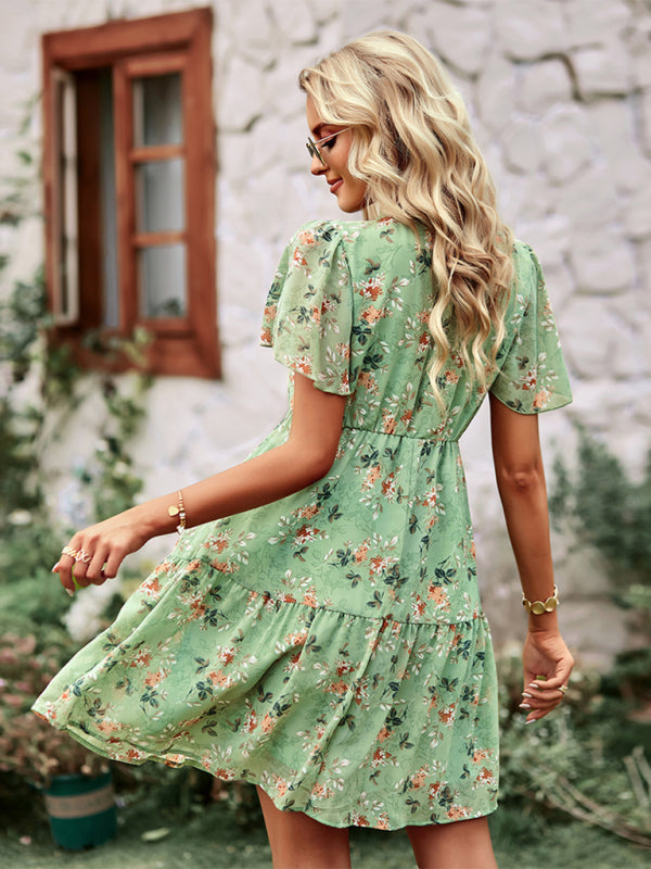 Women's rural fashion V-neck printed skirt dress BLUE ZONE PLANET