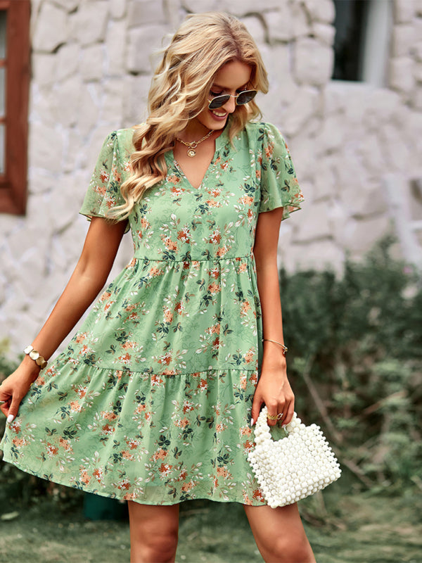 Women's rural fashion V-neck printed skirt dress BLUE ZONE PLANET