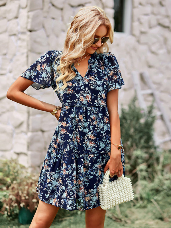Women's rural fashion V-neck printed skirt dress BLUE ZONE PLANET