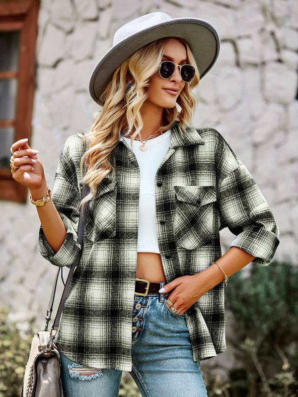fashion versatile Plaid Shirt Top BLUE ZONE PLANET