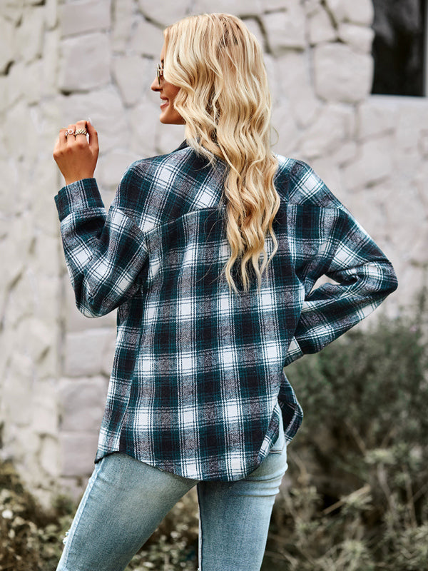 fashion versatile Plaid Shirt Top BLUE ZONE PLANET