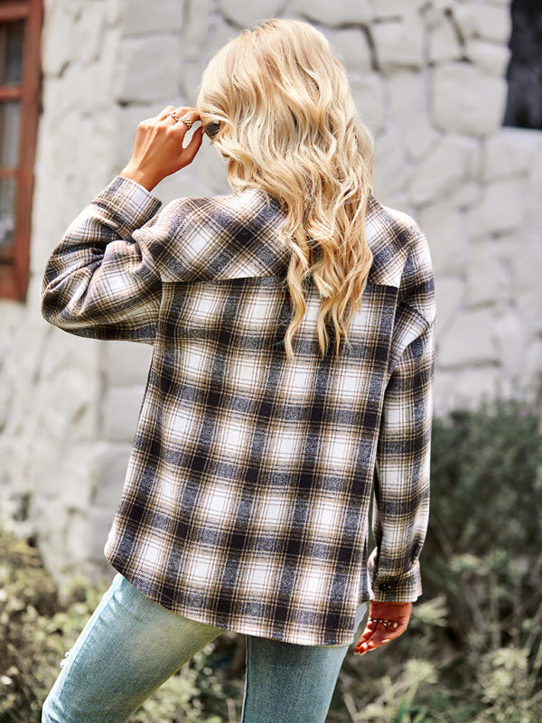 fashion versatile Plaid Shirt Top BLUE ZONE PLANET