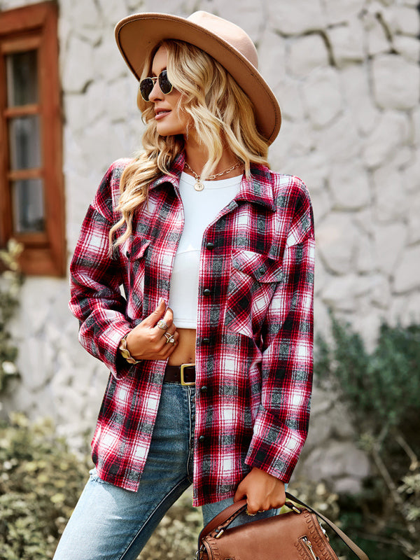 fashion versatile Plaid Shirt Top BLUE ZONE PLANET