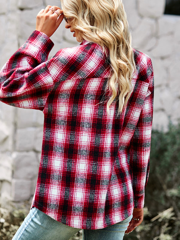 fashion versatile Plaid Shirt Top BLUE ZONE PLANET