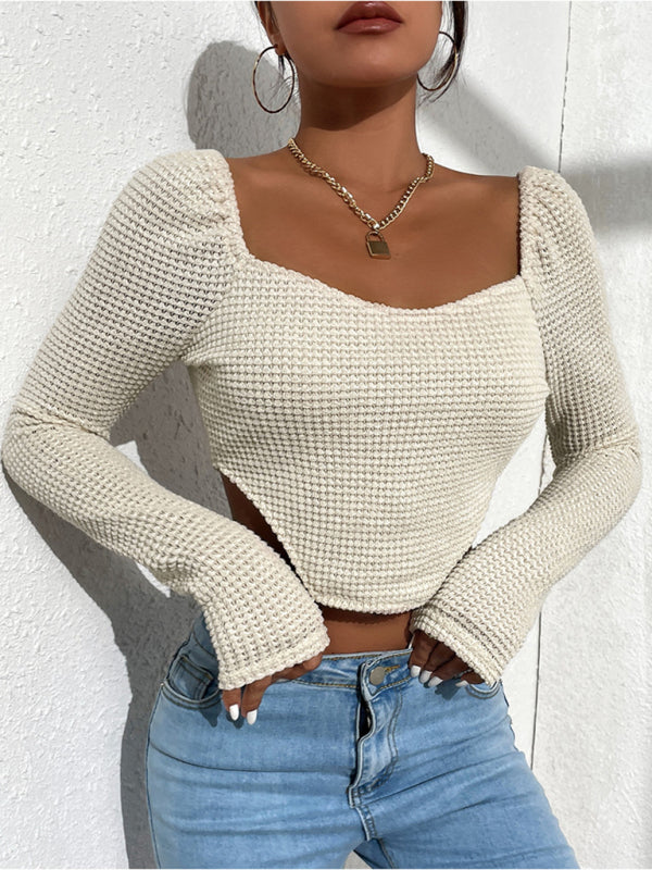 Blue Zone Planet | hollow tight -fitting split irregular hem top BLUE ZONE PLANET