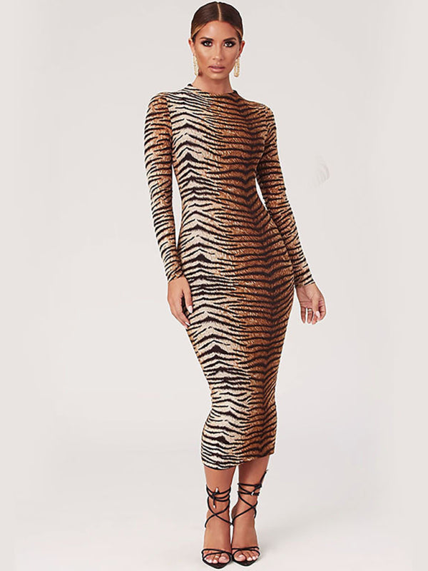 long -sleeved round collars leopard dress kakaclo