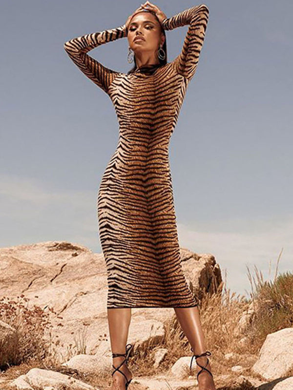 long -sleeved round collars leopard dress kakaclo