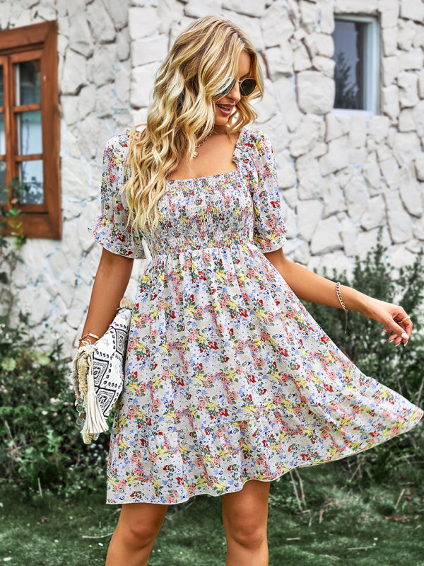 Women's French square collar skirt short sleeve Floral Dress BLUE ZONE PLANET