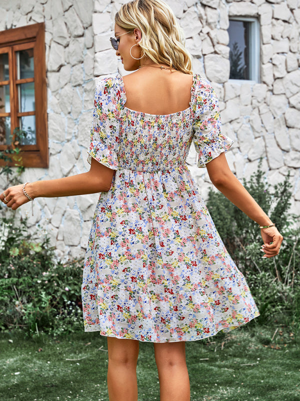 Women's French square collar skirt short sleeve Floral Dress BLUE ZONE PLANET
