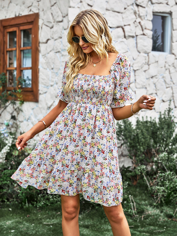 Women's French square collar skirt short sleeve Floral Dress BLUE ZONE PLANET