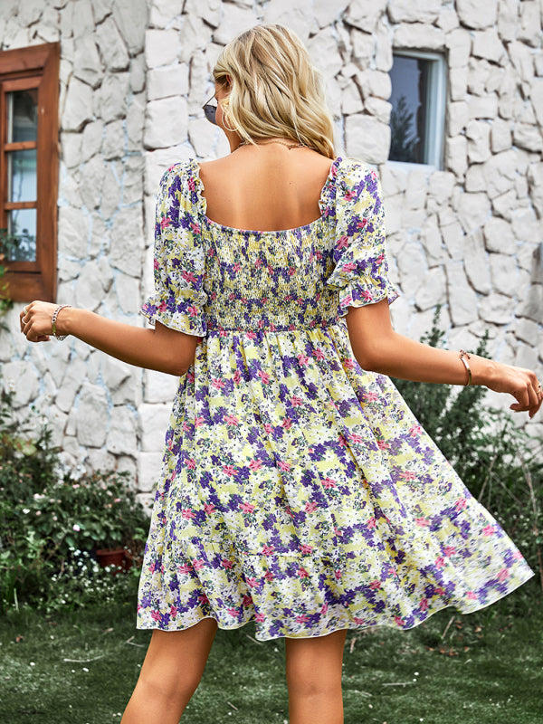 Women's French square collar skirt short sleeve Floral Dress BLUE ZONE PLANET