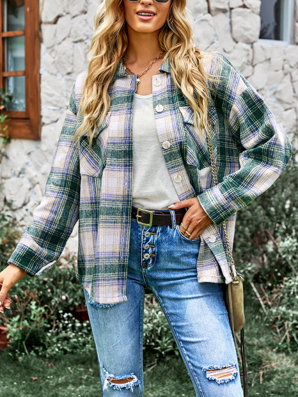 medium length versatile plaid shirt top coat kakaclo