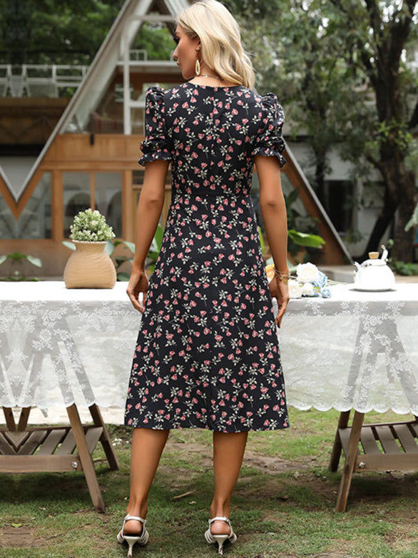 Blue Zone Planet | European and American floral dress v-neck puff sleeve French dress kakaclo
