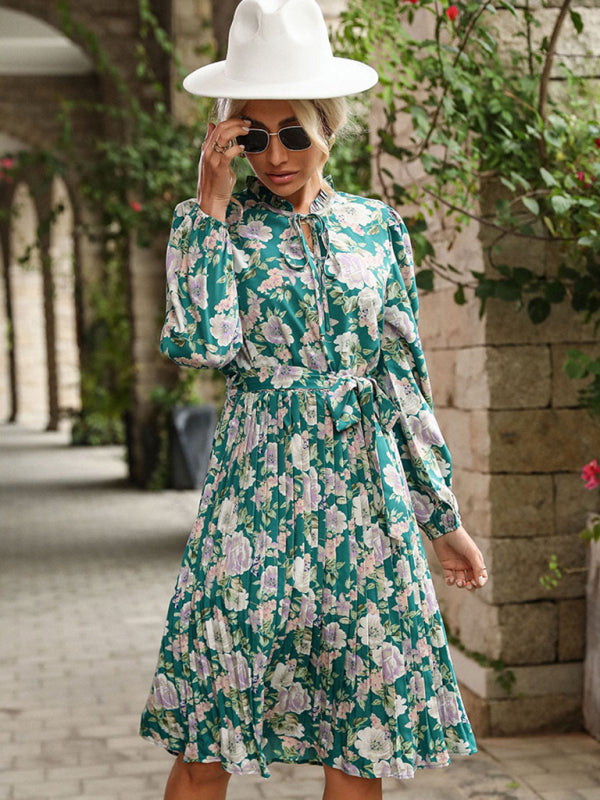 Blue Zone Planet | Pleated Crew Neck Printed Long Sleeve Vintage Dress BLUE ZONE PLANET