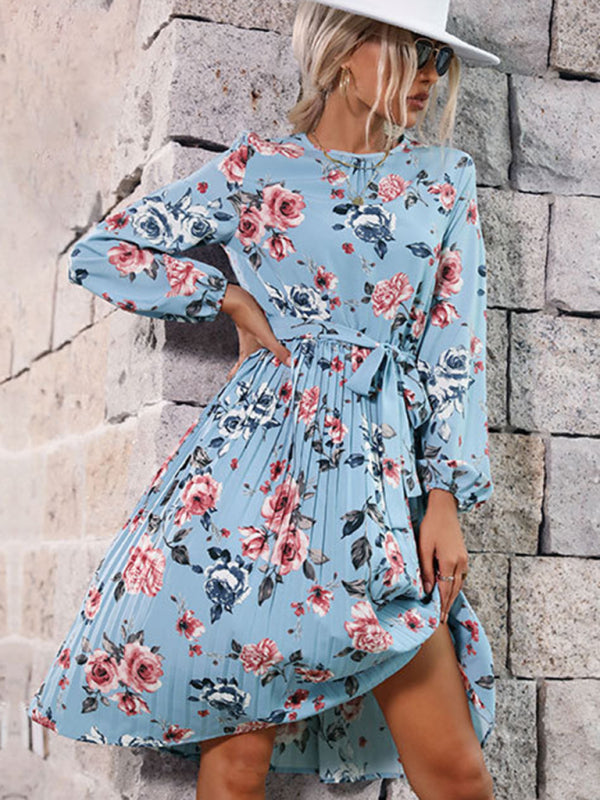 Blue Zone Planet | autumn and winter floral dress long sleeve blue