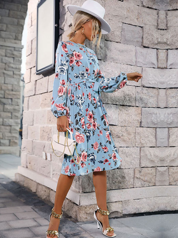 Blue Zone Planet | autumn and winter floral dress long sleeve blue pleated skirt BLUE ZONE PLANET
