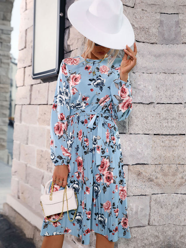 Blue Zone Planet | autumn and winter floral dress long sleeve blue pleated skirt BLUE ZONE PLANET